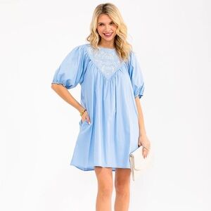051 • Cornflower Blue Cotton Midi Dress | Boho Baby Doll Eyelet Wheat Embroidery